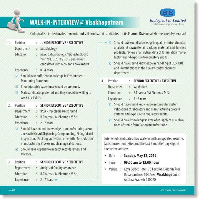 Biological E. Limited pharma walk in interview at Visakhapatnam on 12th May 2019 