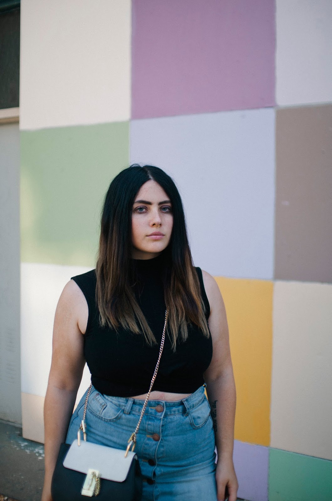 denim, skirt, crop, top, Chloe, Drew, black, white