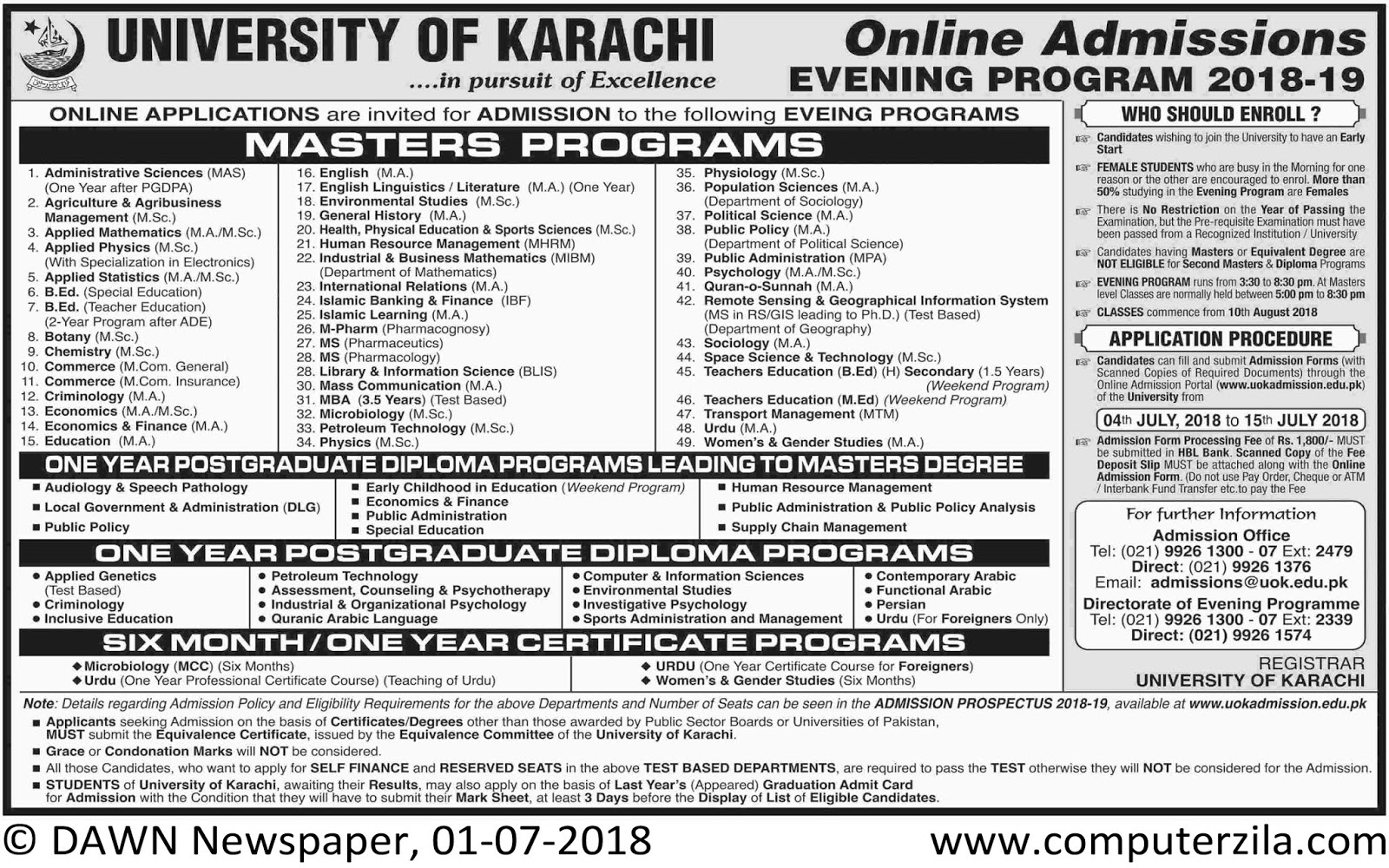 University Of Karachi Masters Admissions Evening Program 2018 19