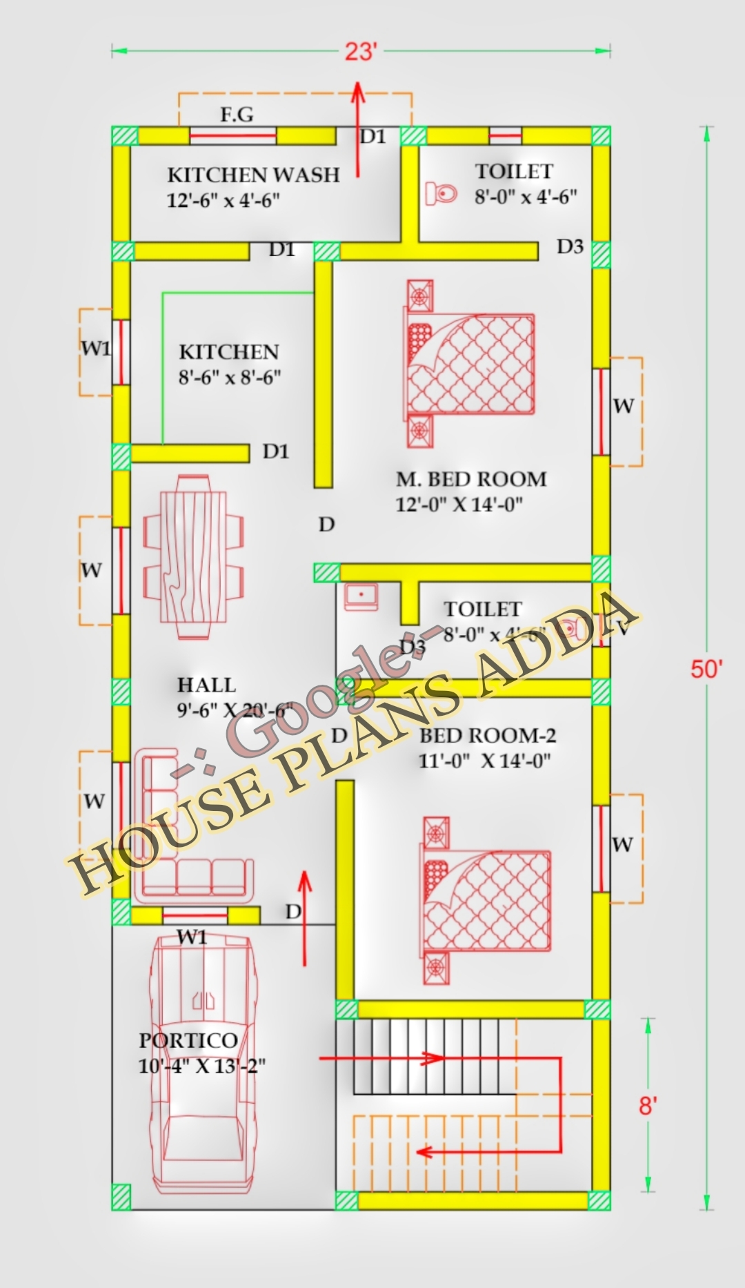 23×50 house plan north facing and floor plan 2BHK
