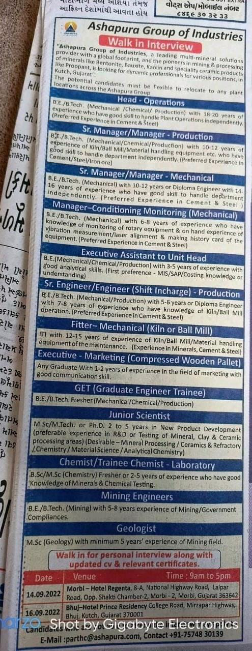 Job Available's for Ashapura Group of Industries Walk in Interview for Fresher's & Experienced in BE/ B Tech Mechanical/ Chemical/ Production/ MSc/ M Tech/ Ph D/ BSc/ Diploma Engineer/ ITI