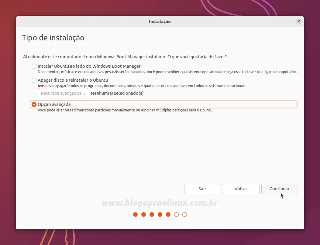 Selecione a 'Opção avançada' e clique no botão 'Continuar'