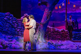 IN REVIEW: soprano SUZANNE KANTORSKI as Nedda (left), baritone DAVID PERSHALL as Silvio (right), and tenor BRANDON SCOTT RUSSELL as Canio (right rear) in Greensboro Opera's November 2019 production of Ruggero Leoncavallo's PAGLIACCI [Photograph by Becky VanderVeen, © by VanderVeen Photography & Greensboro Opera]