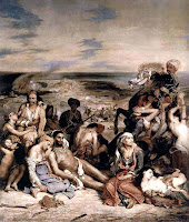 The Massacre at Chios by French romantic painter Eugène Delacroix c.1824, related with Greece on the Ruins of Missolonghi.