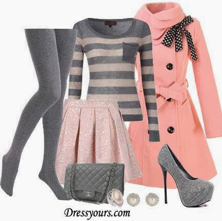 Grey leggings, sweater, pink trench coat, skirt, handbag and grey high heel sandals