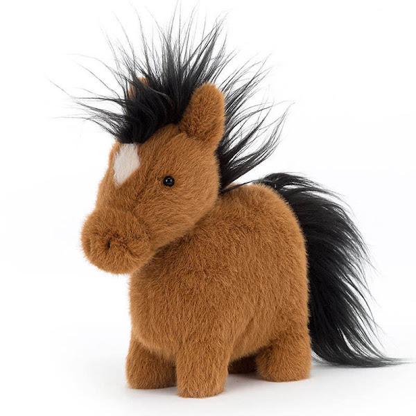 Jellycat Clippy Clop Bay Pony -  this little pocket pony comes in soft caramel fur, complimented by a wild, spiky black mane and tail and a diamond cream forehead.
The ears are pointed and upright and the legs are short and sturdy.