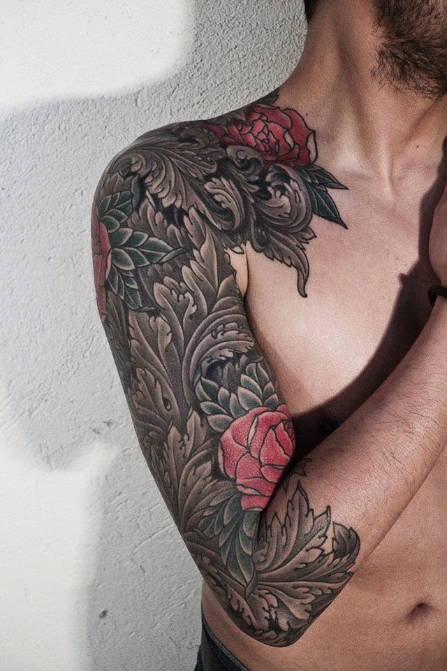 Rose Flower On Right Shoulder Tattoo, Rose Flowers On Shoulder Tattoo, Flower Tattoo On Men Shoulder, Men Attractive Rose Flower Tattoos, Men, Parts, Flower,