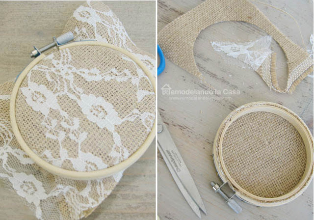 placing fabric on bamboo embroidery hoop and trimming excess with scissors