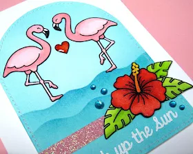 Sunny Studio: Flamingo & Hibiscus Flower card (using Tropical Paradise stamps & Wavy Borders dies)