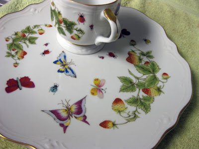 1960's casual china dessert plates with builtin cup holder