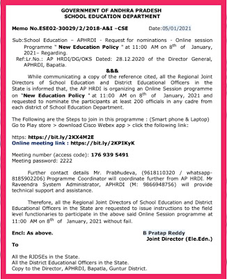 School Education - APHRDI - Programme " New Education Policy " at 11:00 AM on 8th of January, 2021- Regarding. Ref:Lr.No.: AP HRDI/DG/OKS Dated: 28.12.2020 of the Director General, APHRDI, Bapatla. Request for nominations Online session