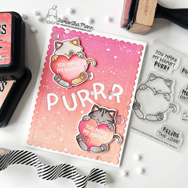 Valentine Cat Card by Samantha Mann | Newton's Heart Stamp Set, Essential Alphabet Die Set, and Frames & Flags Die Set by Newton's Nook Designs