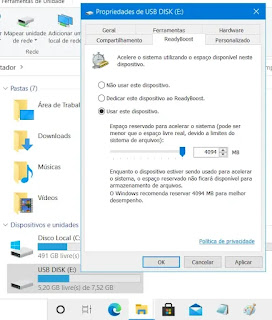 Menu do ReadyBoost em um pen drive / pendrive