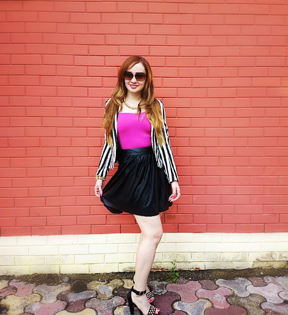 Forever 21 Leather Skater Skirt & H&M Striped Blazer