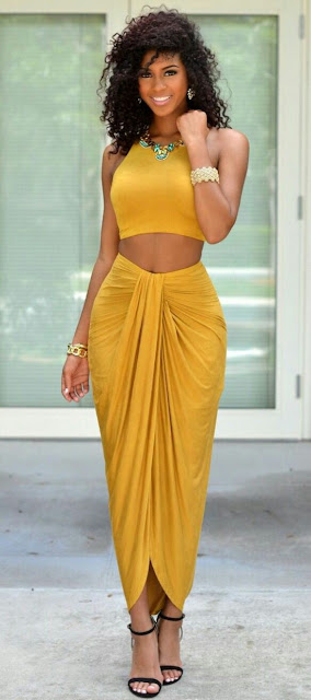 Yellow crop top with skirt 