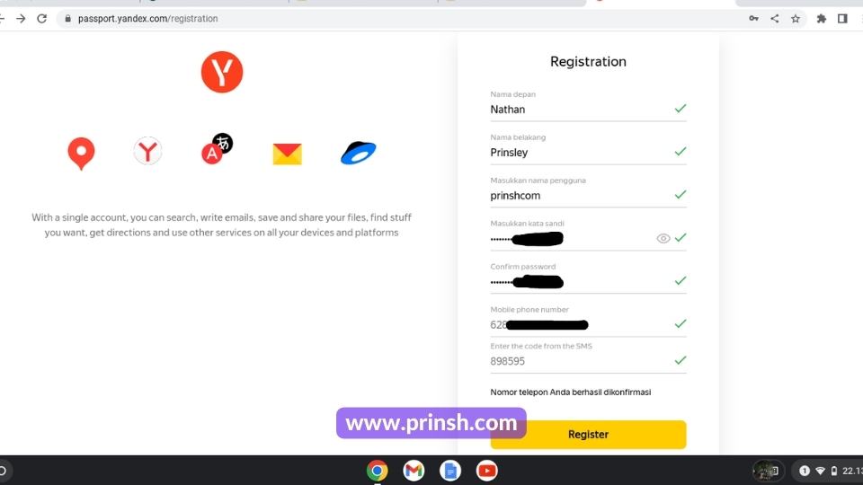 Registrasi Akun Yandex
