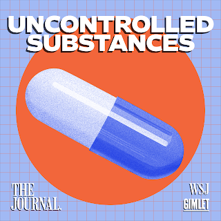 Graphic with a large pill in the center with an orange and blue background.