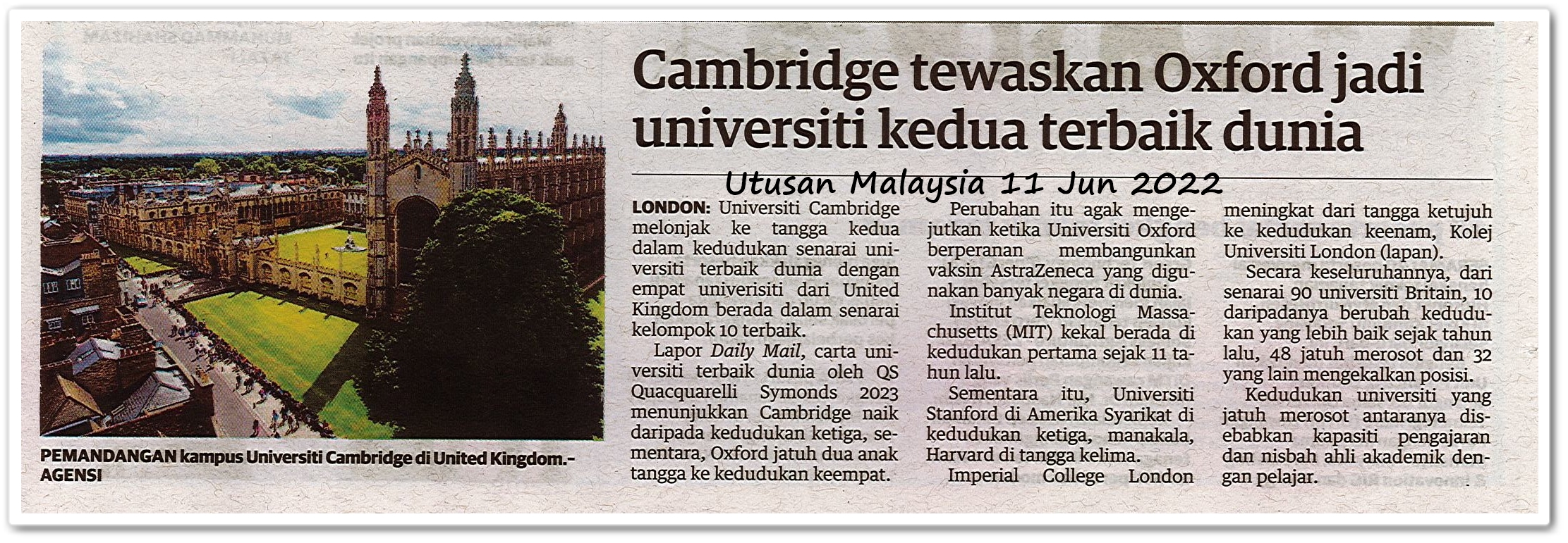 Cambridge tewaskan Oxford jadi universiti kedua terbaik dunia - Keratan akhbar Utusan Malaysia 11 Jun 2022
