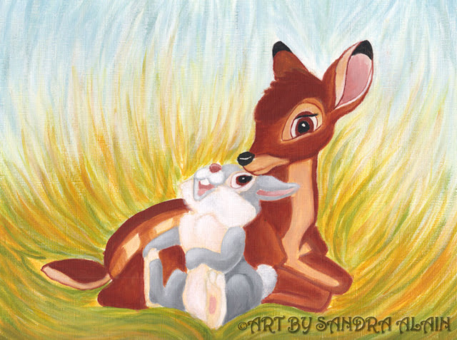acrylic painting of bambi and thumper seated in golden meadow grass with blue sky background