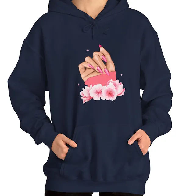 A Women Hoodie With Pink Feminine Nail Art Illustration Poster Without Rings on Fingers