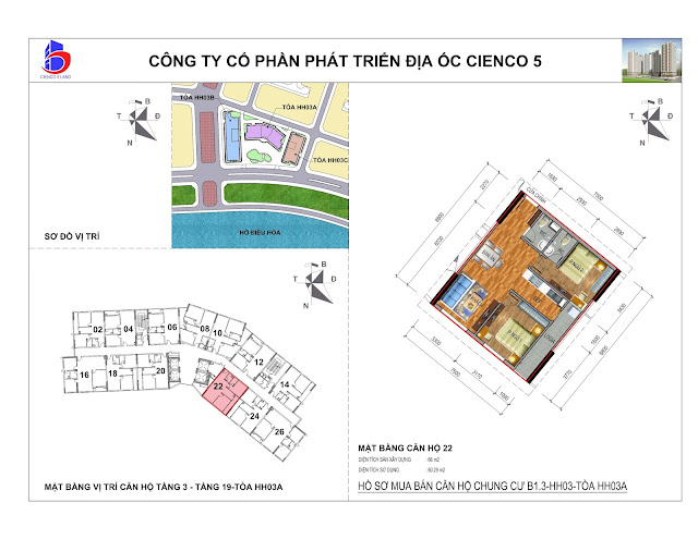 Mặt bằng Căn hộ 22 Tầng 3-19 chung cư b1.3 hh03a thanh hà