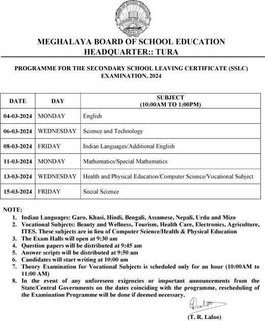 MBOSE Exam Routine 2024 PDF for SSLC & HSSLC Routine for Meghalaya