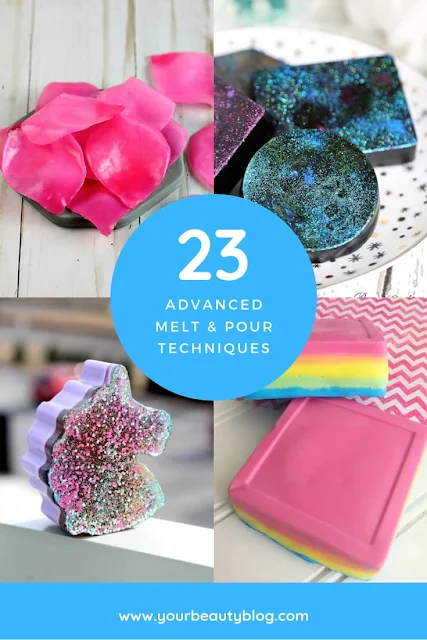 If you need soap making ideas, check out these advanced melt and pour soap techniques.  DiY soap  making is fun, and here are 23 ideas to inspire you.  Making soap recipes gives you 23 different ways to make melt and pour soap with different techniques.   DIY soap making with different colorants, embeds, and other ways to customize your bar of soap.  #diy #soap #soapmaking #meltandpoursoap #diysoap