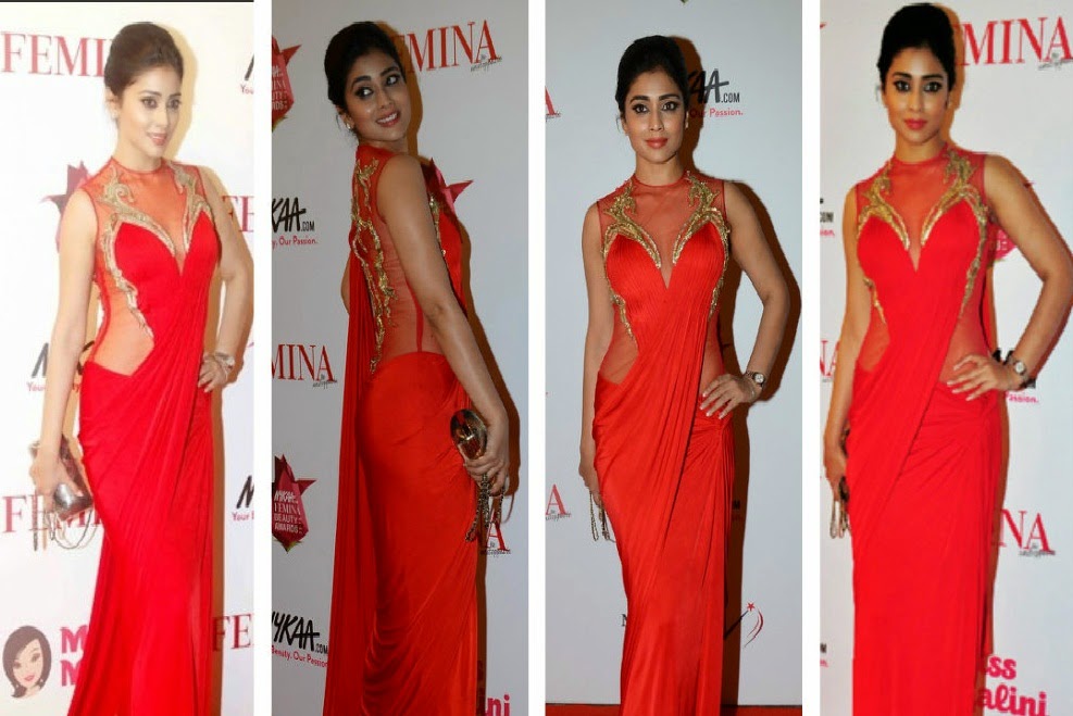 Actress Shriya Gorgeous In Red Plain Saree 