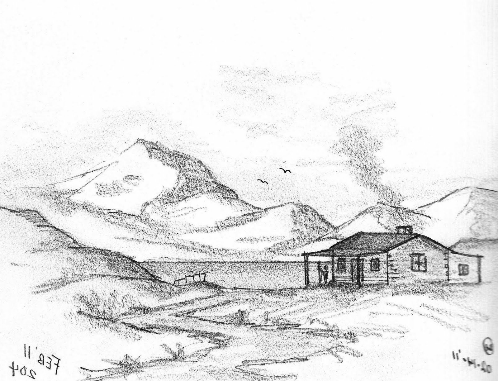 Gambar Sketsa Pemandangan Gunung Dan Rumah Garlerisket