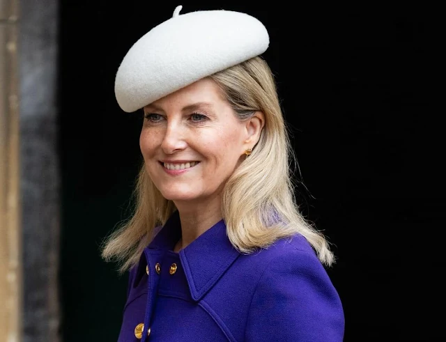 The Duchess of Edinburgh wore a purple coat by Prada. King Charles, Queen Camilla, Princess Anne, Prince Andrew and Sarah Ferguson
