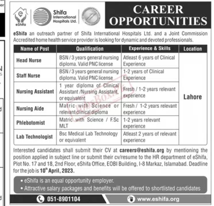 eShifa Hospital Lahore Jobs 2023 - Latest Advertisement