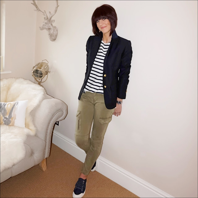 My Midlife Fashion, j crew breton, zara military cargo trousers, j crew rhodes blazer, j crew tretorn canvas t56 sneakers