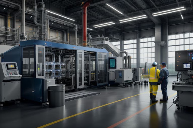 Diverse workforce operating advanced manufacturing equipment at a fully electrified and decarbonized industrial facility powered by renewable energy, representing the future of sustainable manufacturing