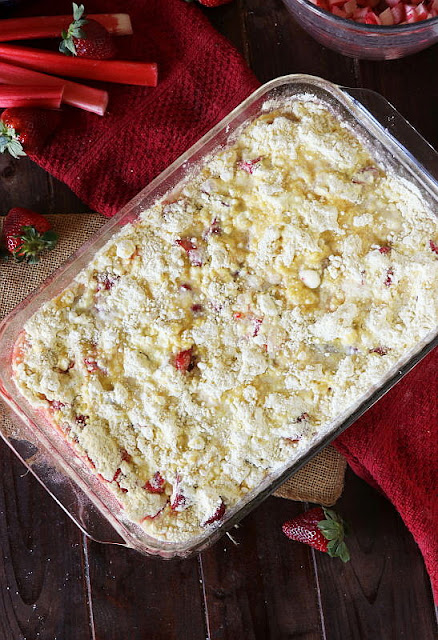 Top View of Strawberry Rhubarb Dump Cake Ready to Bake Image