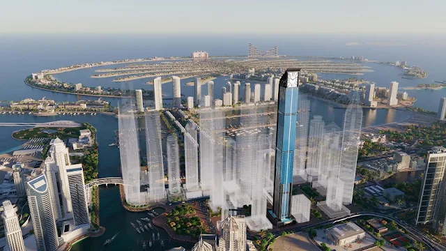 tháp Dubai Marina trên nền đảo cọ nổi tiếng phía xa
