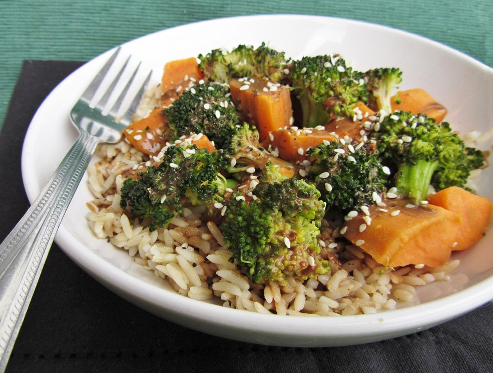 sesame soy broccoli and sweet potatoes on rice