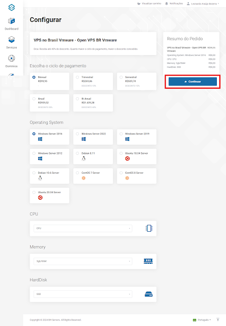 Escolhendo o ciclo de pagamento e sistema operacional na VPS da BH Servers