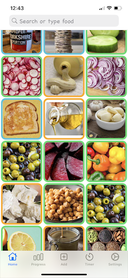 A screen shot of an app containing a grid of food items - including salad ingredients, cheese, toast, crackers, chickpeas, tea, cream cheese. It's a colourful representation of what was eaten that day.