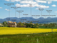 Panoràmica vers el nord-est, amb les masies que envolten les antigues escoles de Gurb i al fons les muntanyes del Cabrerès