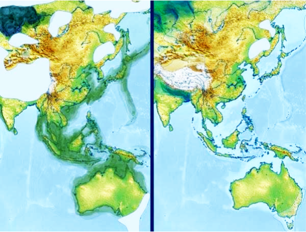 Definition of the Flood of Indochina. Left side: Indochina with Emerged lands during Ice Ages. Right side: Indochina as it is today