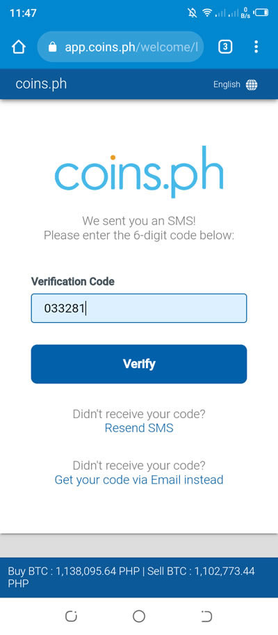 input verification code sent to email by coins.ph