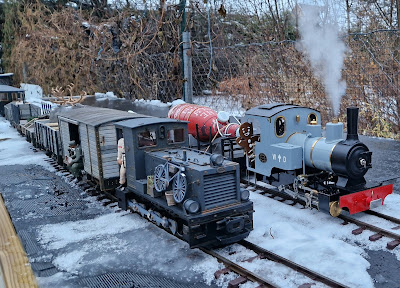 Running G-scale trains in the garden during winter. Running G-scale trains in the snow. G-scale Heeresfeldbahn