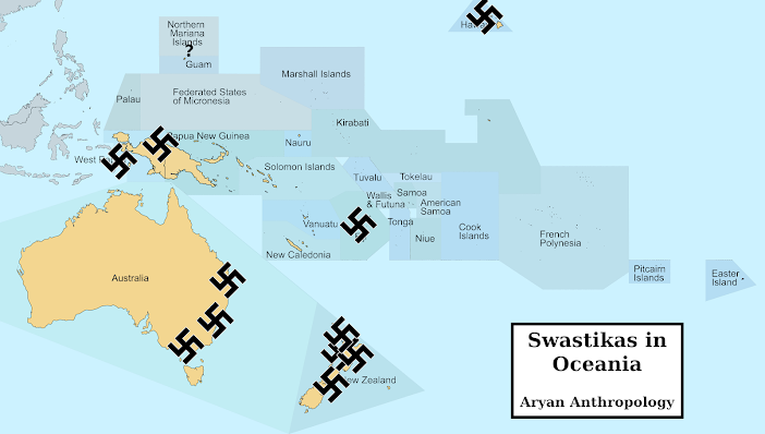 Map of Oceania, Melanesia, Polynesia, and Micronesia showing locations where swastikas have been found.