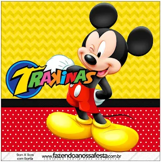 Mickey en Fondo Amarillo con Zigzags y Rojo con Lunares: Etiquetas para Candy Bar para Imprimir Gratis.