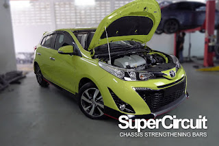 SUPERCIRCUIT Front Strut Bar installed to the Toyota Yaris Hatchback.