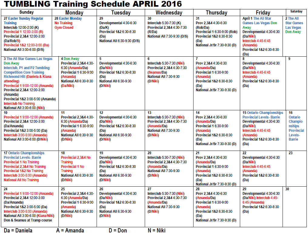 schedule gymnastics tumblers OAKVILLE PROGRAM: Schedule April GYMNASTICS CLUB TUMBLING