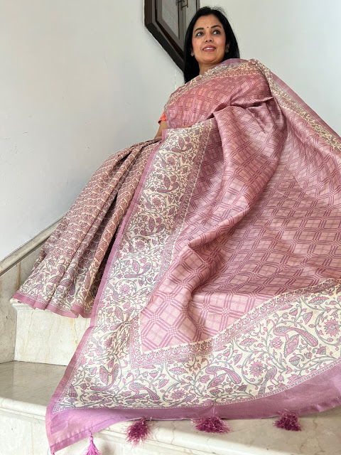 Lavender digital print contemporary tussar saree with a pichwai peacock border and pallu.