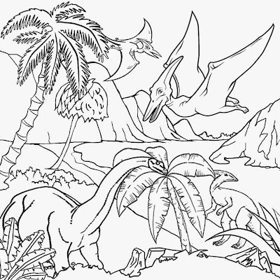 Tropical landscape gigantic gliding Archaeopteryx Pteranodon flying dinosaurs to color for children.jpg