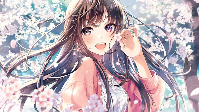  Anime Girl, Pretty, Brown Hair, Smiling, Cherry Blossom Hd, 4k