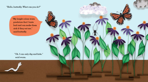 colorful book page illustration features earthworm, butterflies, garden flowers, and text